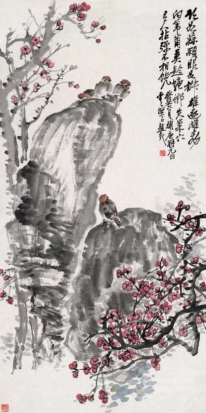 赵云壑 癸丑（1913年）作 红梅麻雀图 立轴